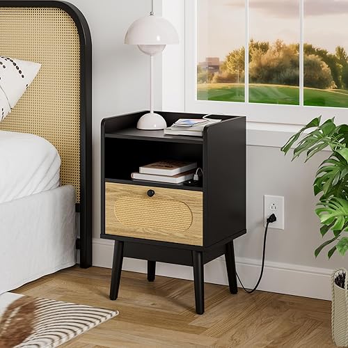 Miniatura 2 de Lomojo - Mesita de noche de ratán con estación de carga, mesita de noche moderna, mesa auxiliar bohemia de madera, mesa pequeña de mediados de siglo
