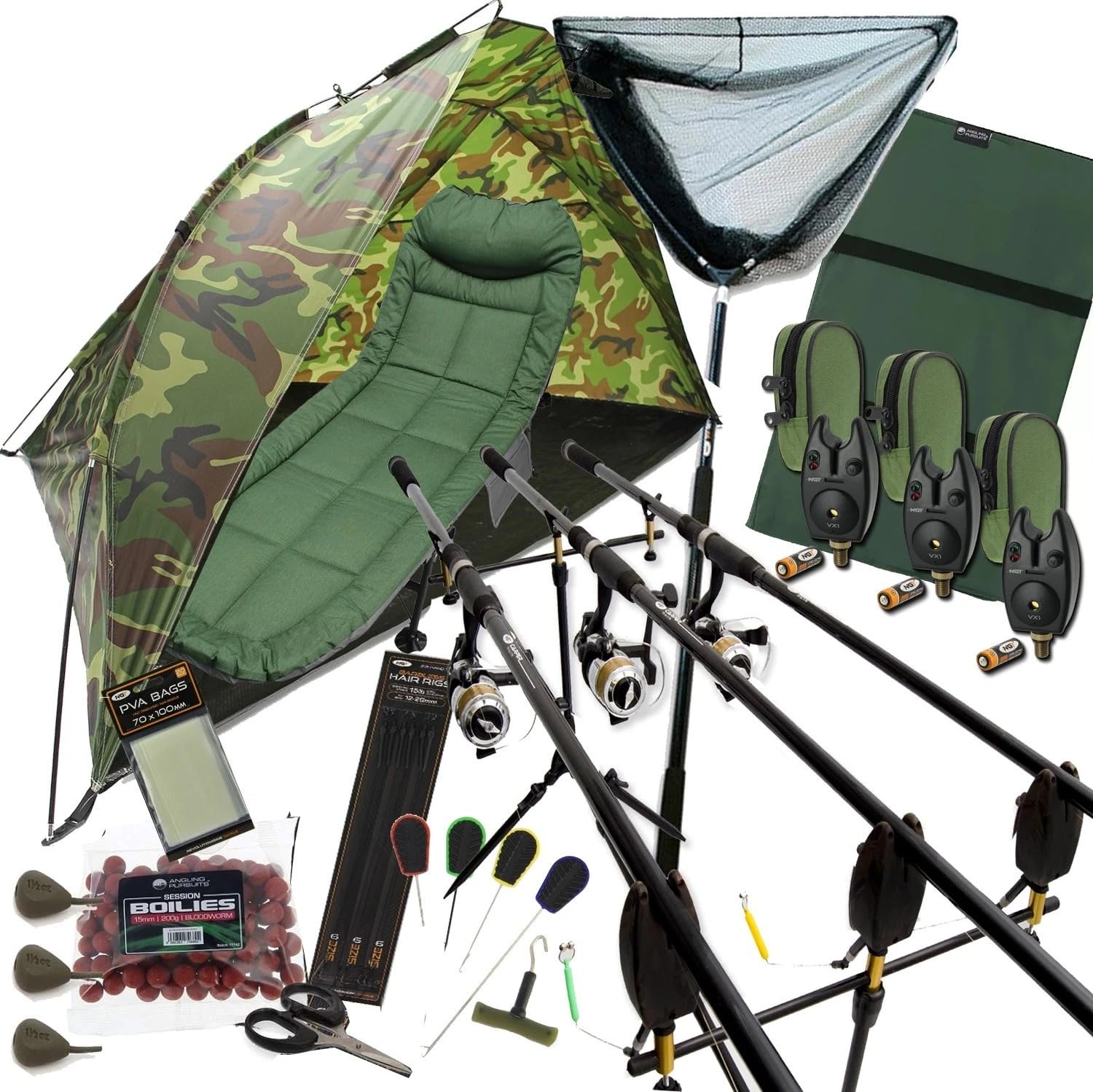 Complete Carp Fishing Set 2x 12ft Rods, Reels, Bivvy Shelter, Bedchair, Rod Pod with Bite Alarms, Landing Net, Unhooking Mat, Boilies, Tackle & Tools All-in-One Starter Kit for Anglers (2 Rods Setup)