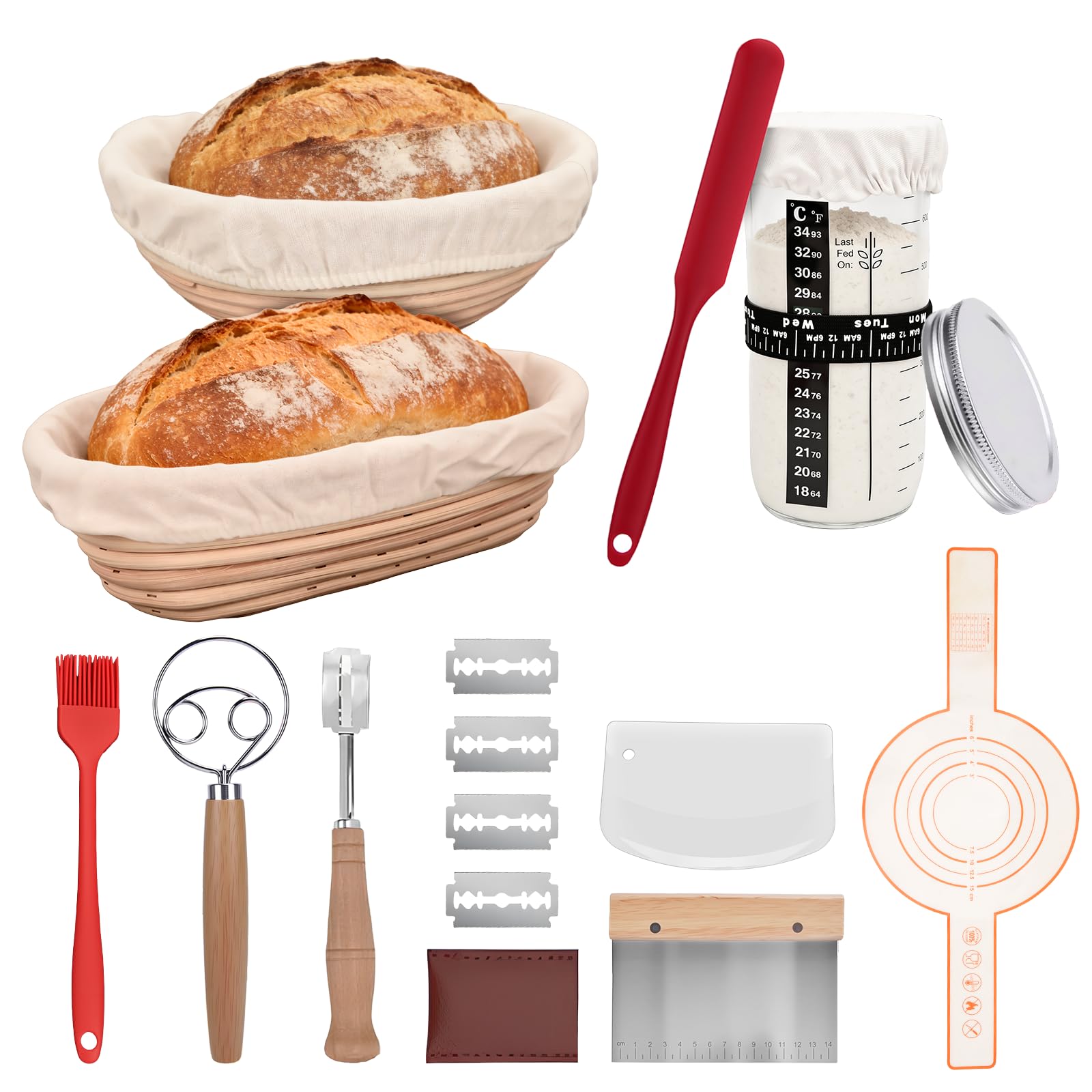 15PCS Sourdough Starter Kit Include 2X Natural Rattan Bread Proofing Basket
