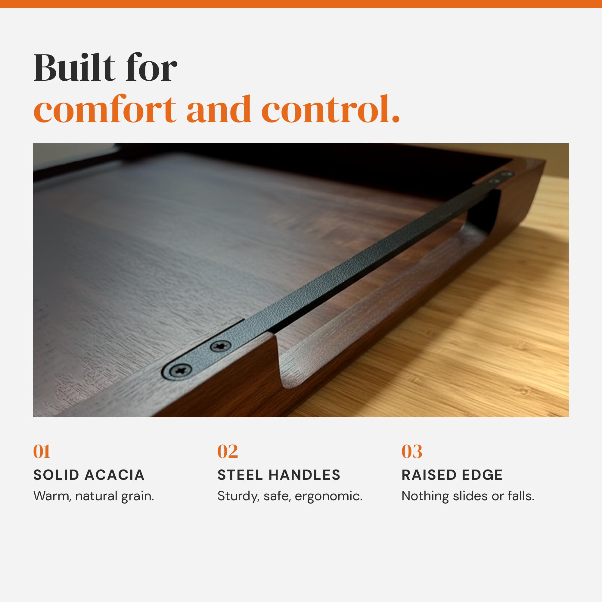 Bandeja de Madera Acacia XL 53 × 43 cm con Asas – Servir y Desayuno | Bandeja de madera de acacia XL 53 × 43 cm con asas de metal; para servir comida, desayuno en la cama y decoración