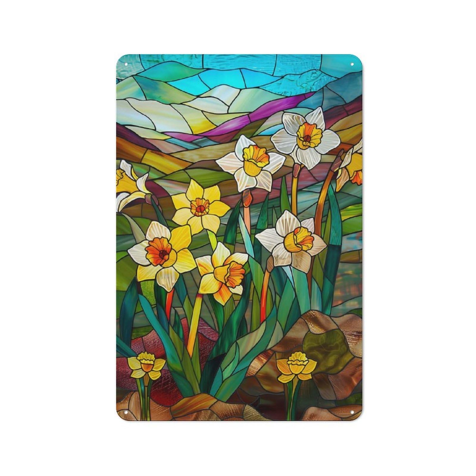 Junmoney Spring Daffodils Metal Sign 30X20cm With For Hallway Wall, Vintage Decor, For Garage, Workshop And Man Cave Decoration
