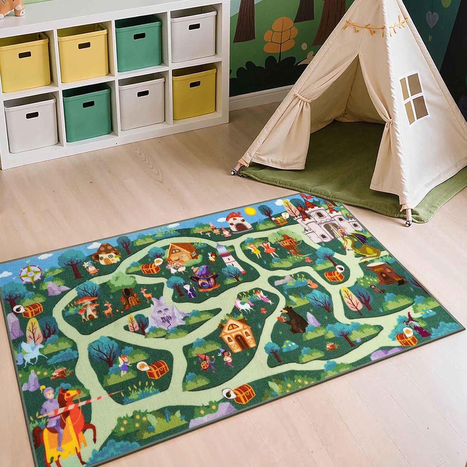 LIVEBOX Whimsical Kids Playroom Rug, Washable Non Slip Play Mat for Boys and Girls, Forest Road Rug Fantasy Carpet for Kids Room, Bedroom (60" x 32", Green)