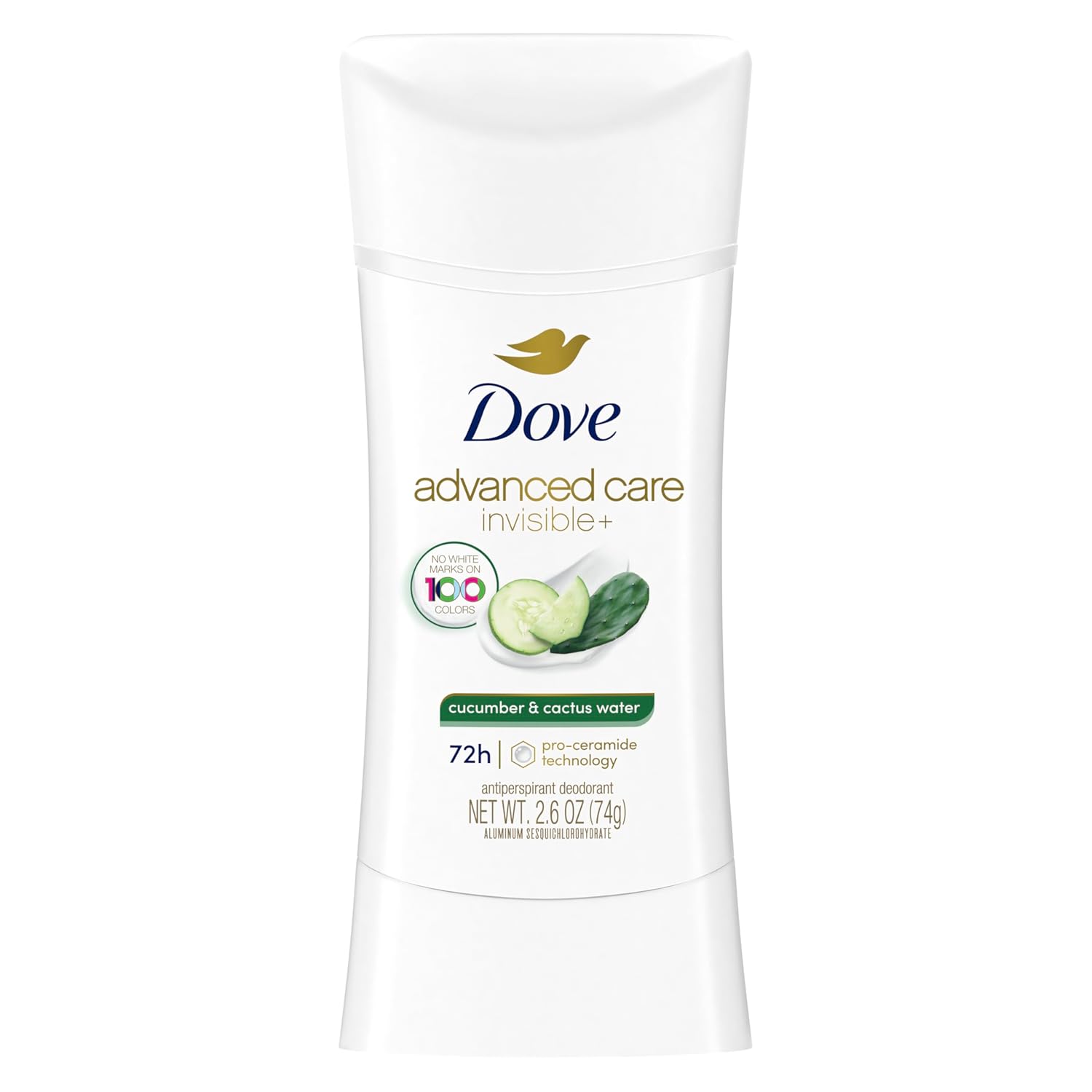 Dove Advanced Care Antiperspirant Deo Stick Cucumber & Cactus Water Invisible to help skin repair with ProCeramide technology that boosts ceramide levels 72hr odor control & sweat protection 2.6 oz