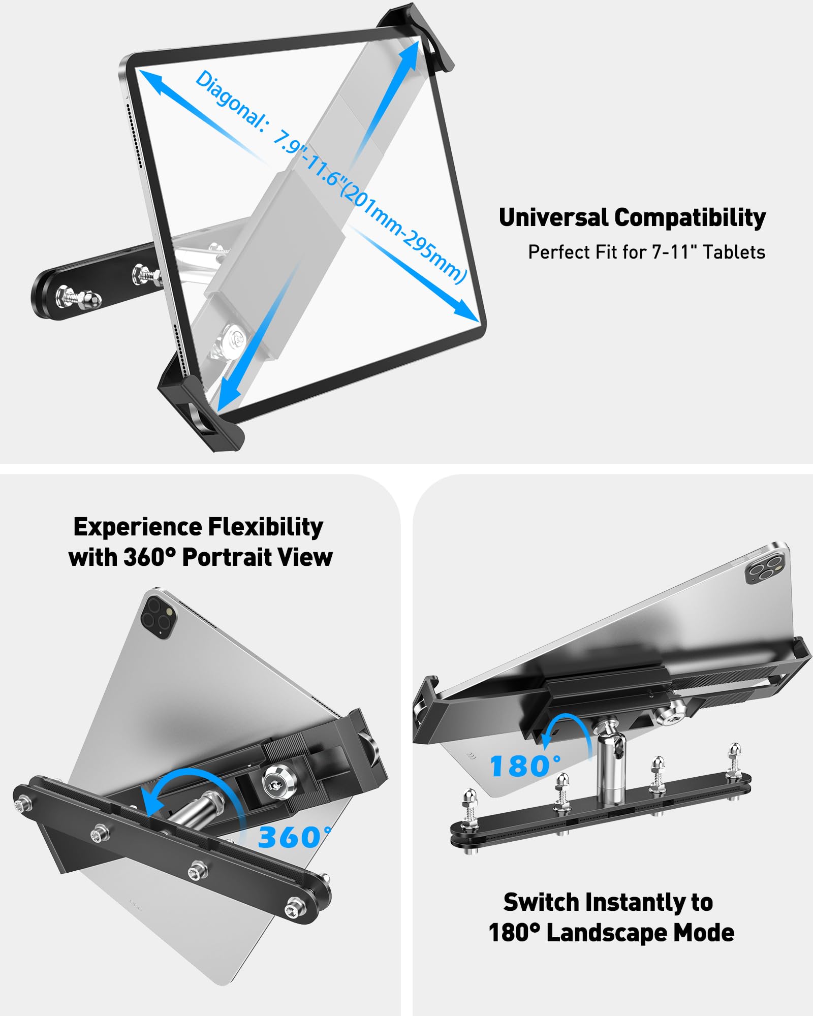 AboveTEK Tablet Halterung für Auto Kopfstütze - Diebstahlsicheres System, 360° Drehung, Kompatibel mit 4-11" Tablets, Perfekt für Reisen und Geschäfte, Langlebig, Schwarz
