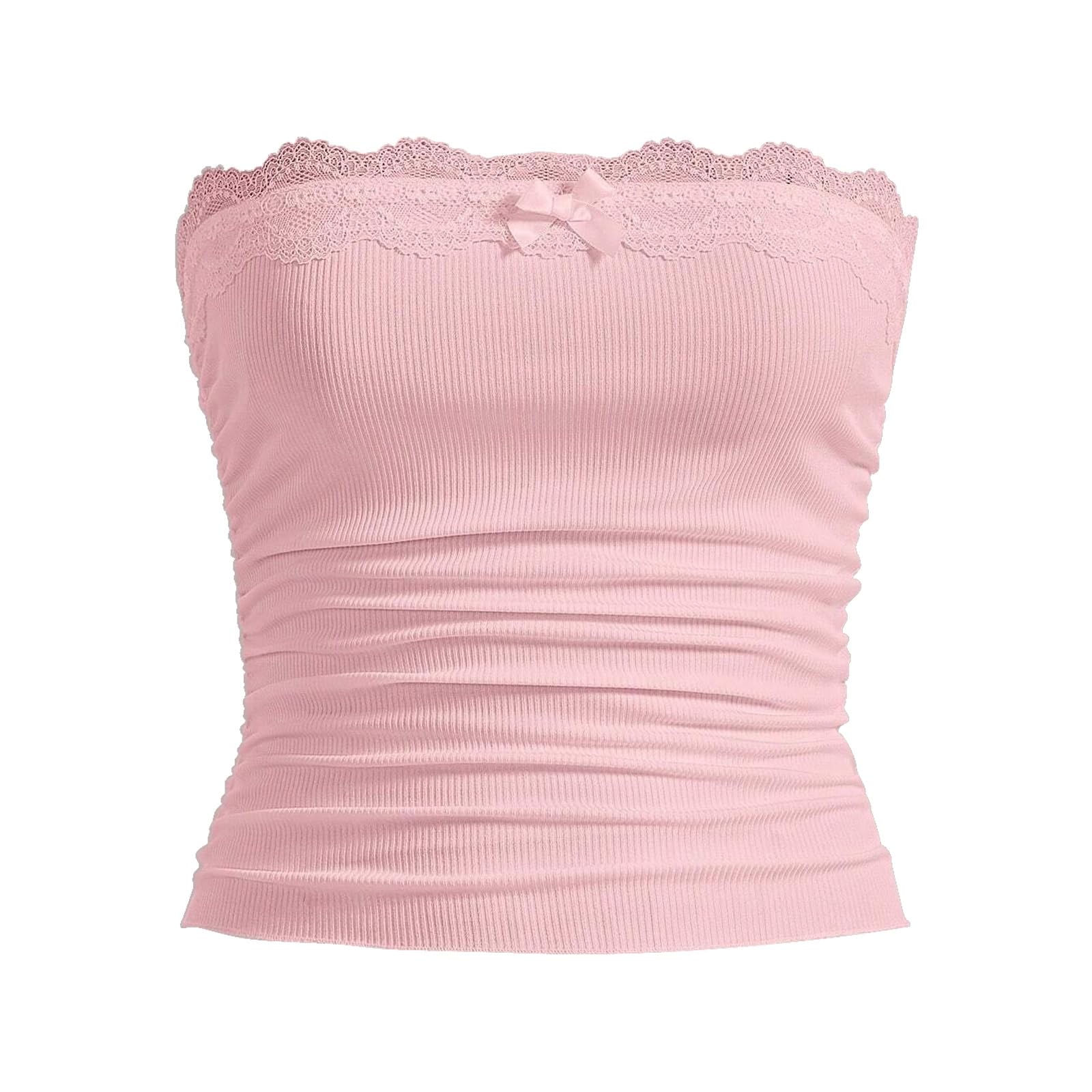 Feclmiyt Women Y2k Lace Trim Tube Top Summer Sleeveless Backless Cropped Bandeau Cami Tops Fairy Strapless Ribbed Tops Going Out (Pink, S)