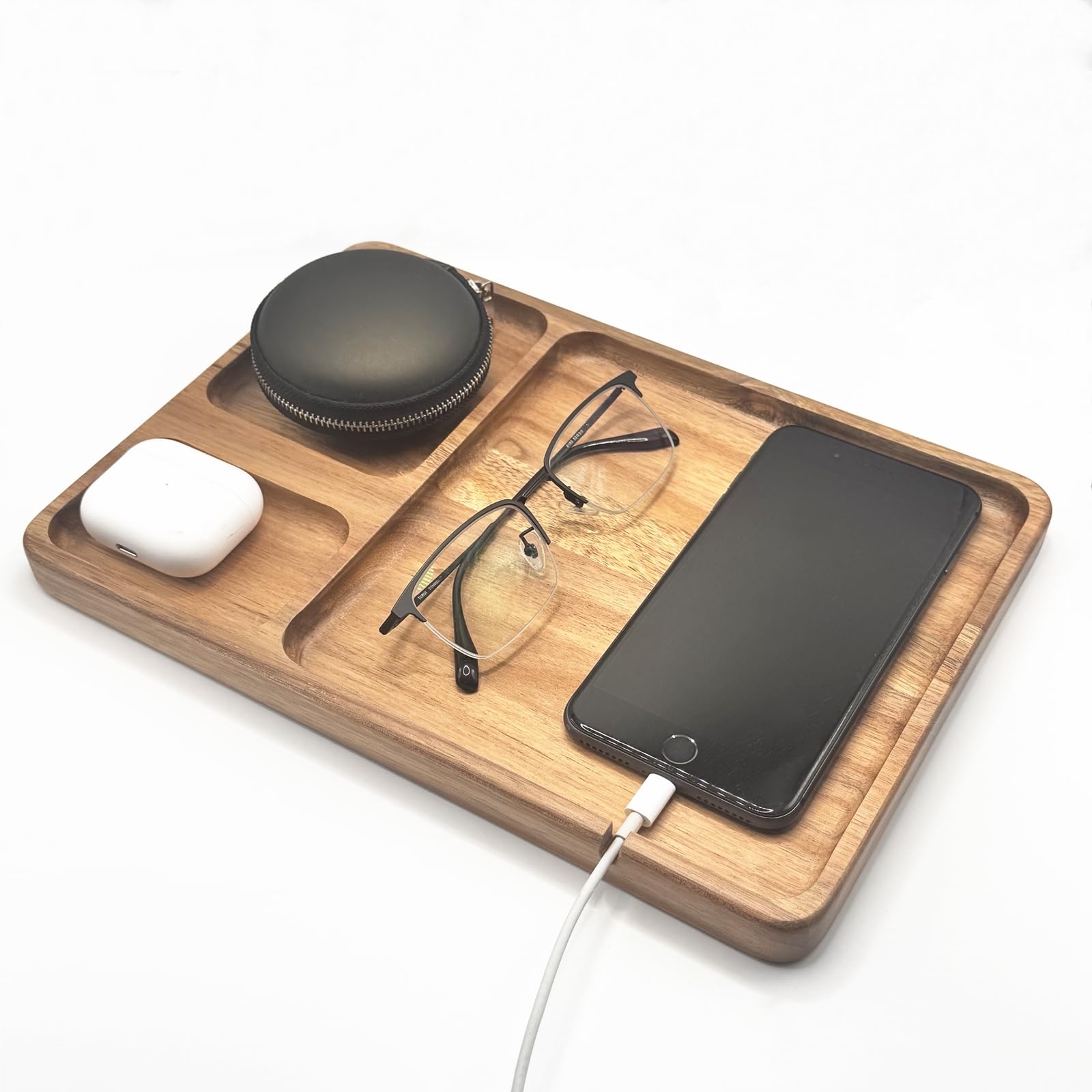 NLGQ Wooden Valet Tray for Men Women - 11.4 in EDC Tray Wood Desk Organizer for Storage Keys, Phone, Wallet, Headphones, Watch, Earbuds, Jewelry