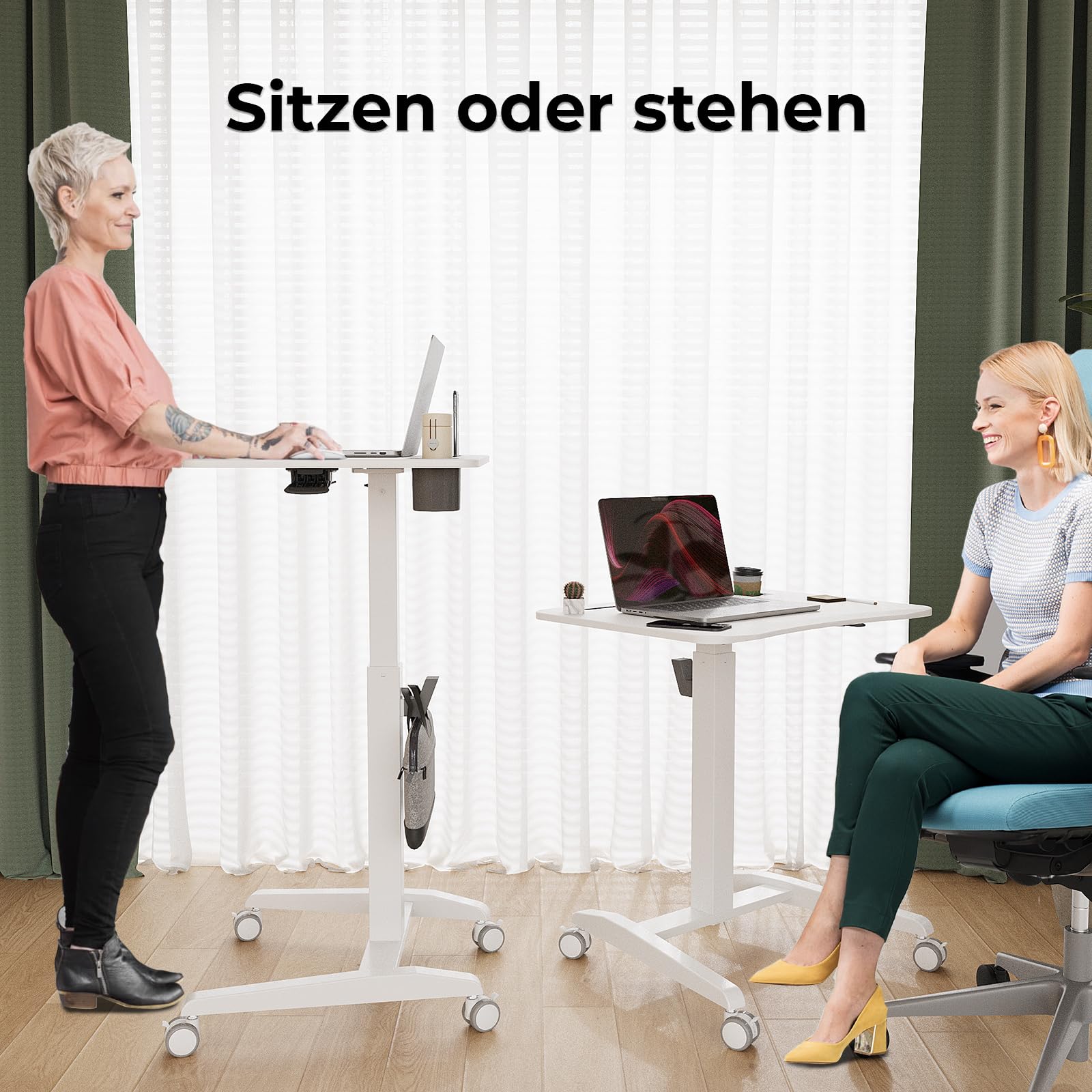 Gibbon Mounts Höhenverstellbar Schreibtisch, Mobiler Laptoptisch mit Rollen | Tragbarer weißer Stehpult 70x52cm mit abgerundeter Tischplatte, Getränkehalter, Schlitz und Haken, 4 feststellbare Lenkrollen