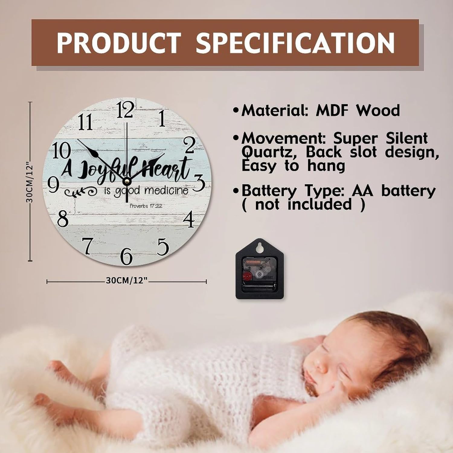 Bible Verse Wall Clock A Joyful Heart is Good Medicine Wooden Wall Clocks Battery Operated 12 Inch Silent Scripture Print Decor for Bedroom Living Room Farmhouse Wall Decor