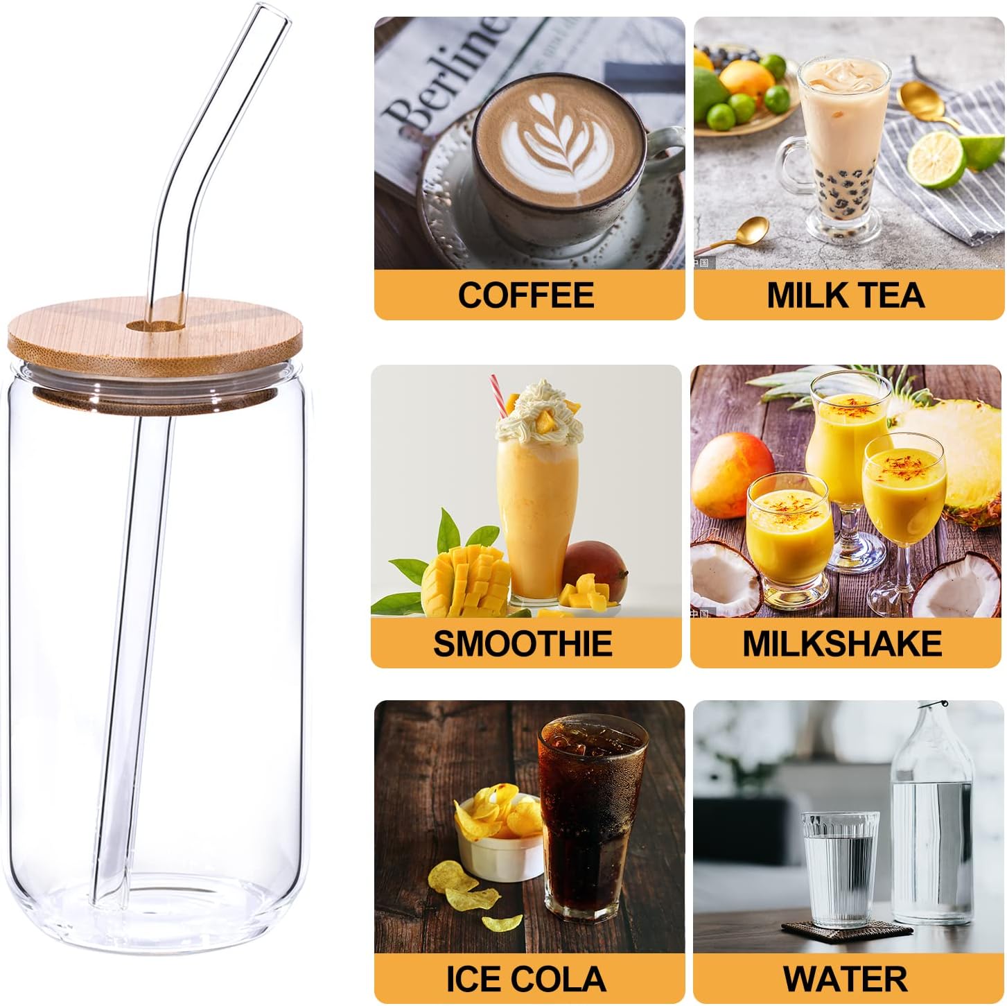  | [4 pack, 20 Oz] DESIGN•MASTER Premium Can Glasses with Bamboo Lids and Glass Straws, Can Shaped Beer Glasses, Can Tumbler Glasses, Perfect for Beer, Cocktail, Iced Coffee, Iced Tea and Soda.: Iced Tea Glasses