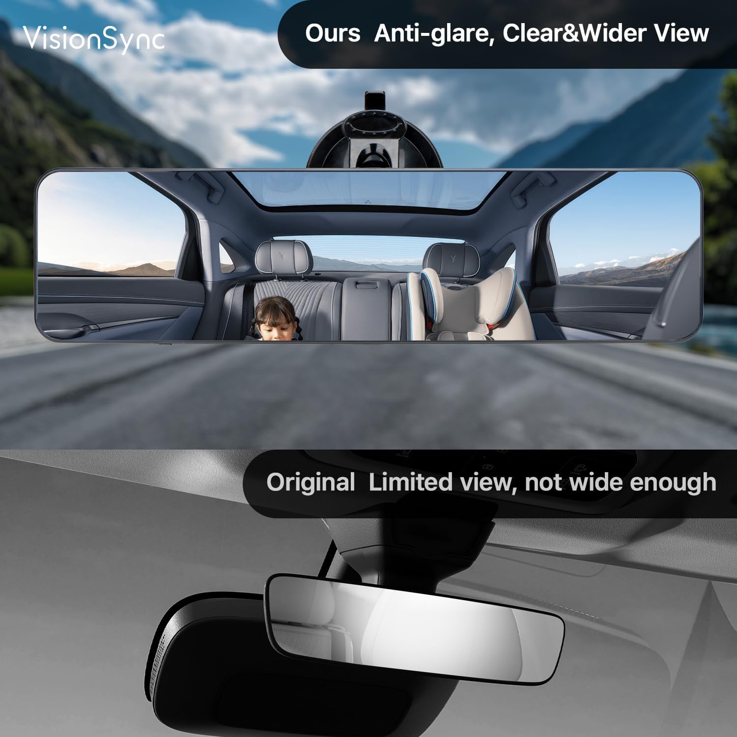 12" Large Curved Car Rear View Mirror with Suction Cup, Universal Rearview Mirror with Panoramic Wide Angle Mounted on Windshield for Car, Van, RV, SUV, Truck, and Boat (White)