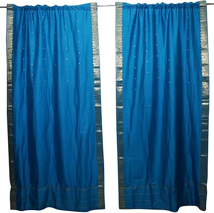 2 Indian Silk Sari Curtains Door Draperies Blue Bohemian Decor 84x44