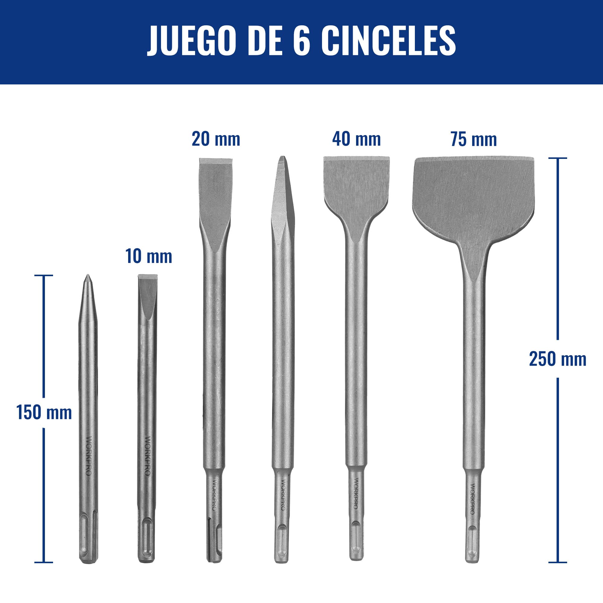 WORKPRO Juego Brocas Cinceles SDS Plus 15 Piezas, Hormigón | Incluye Cinceles Puntiagudos y Planos para Ladrillo, Cemento, Piedra y Trabajos de Mampostería