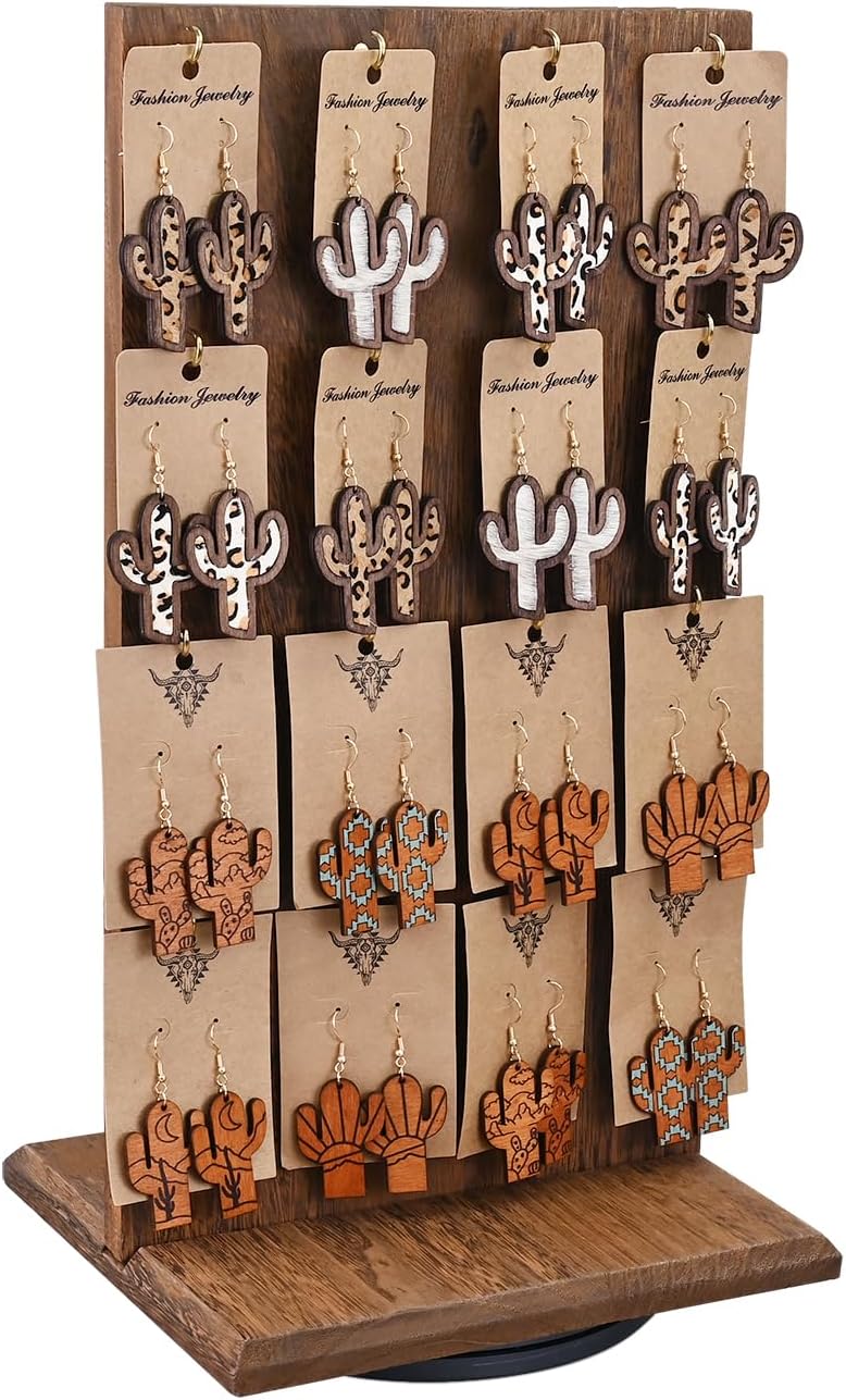 Ikee Design Wooden Rotating Two-Sided Jewelry Display Stand, Rotating Organizer with 32 Hooks for Store, Earring Display with Hooks, KeyChain Display, Brown color, 9 W x 7.5 D x 16.5 H in