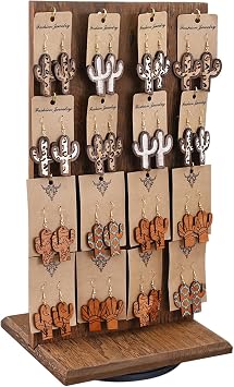 Ikee Design Wooden Rotating Two-Sided Jewelry Display Stand, Rotating Organizer with 32 Hooks for Store, Earring Keychain Display with Hooks, Brown color, 9 W x 7.5 D x 16.5 H in