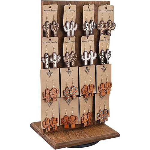 Ikee Design Wooden Rotating Two-Sided Jewelry Display Stand, Rotating Organizer with 32 Hooks for Store, Earring Keychain Display with Hooks, Brown color, 9 W x 7.5 D x 16.5 H in