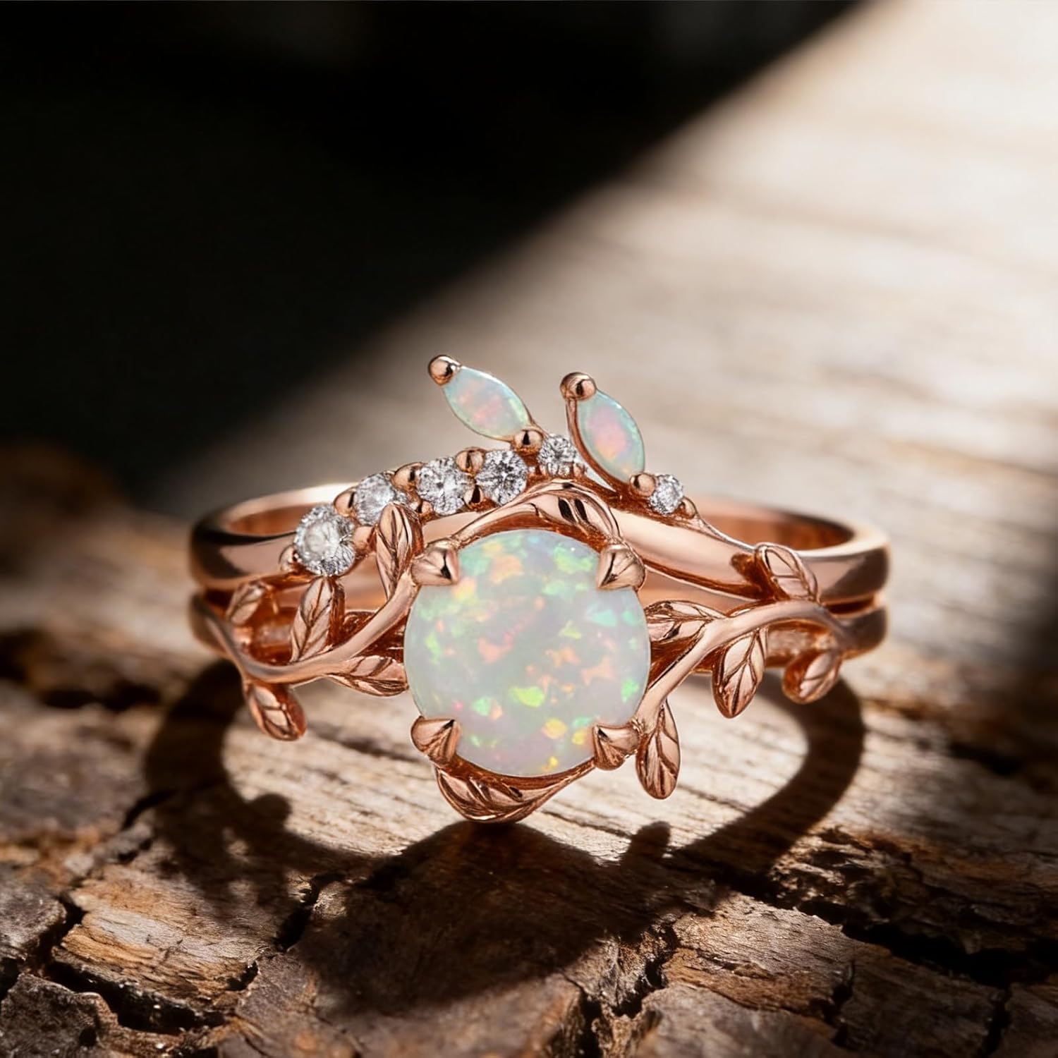 2 ct Round-Cut Leaf Opal Ring Set White Opal Ring Solid 10k 14k 18k Gold Engagement Wedding Band Engraved Promise Birthday for Women Wife Lover