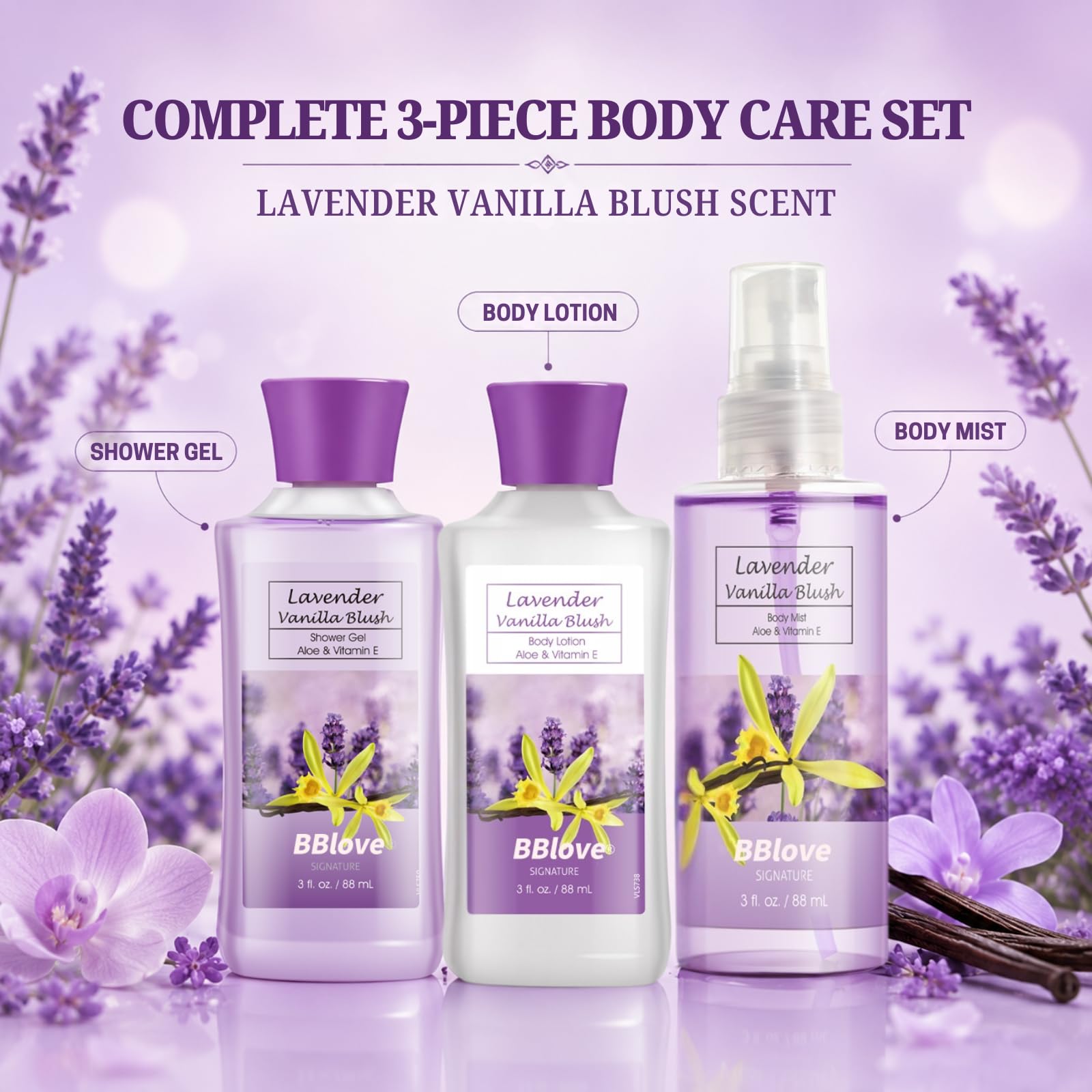 Lavender Vanilla Blush Bath Set - 3PC Travel Gift -2