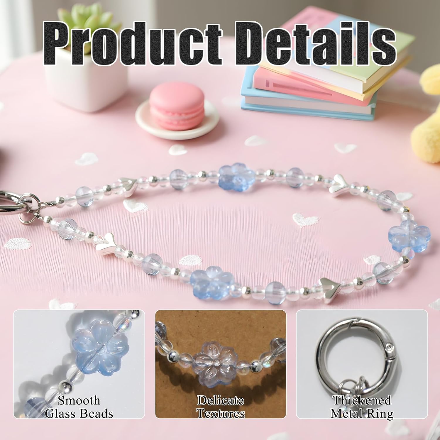 Crystal Phone Chain Charm - Beaded Phones Wrist Strap for Camera Keychain Decor, Lanyard with Tether Tab
