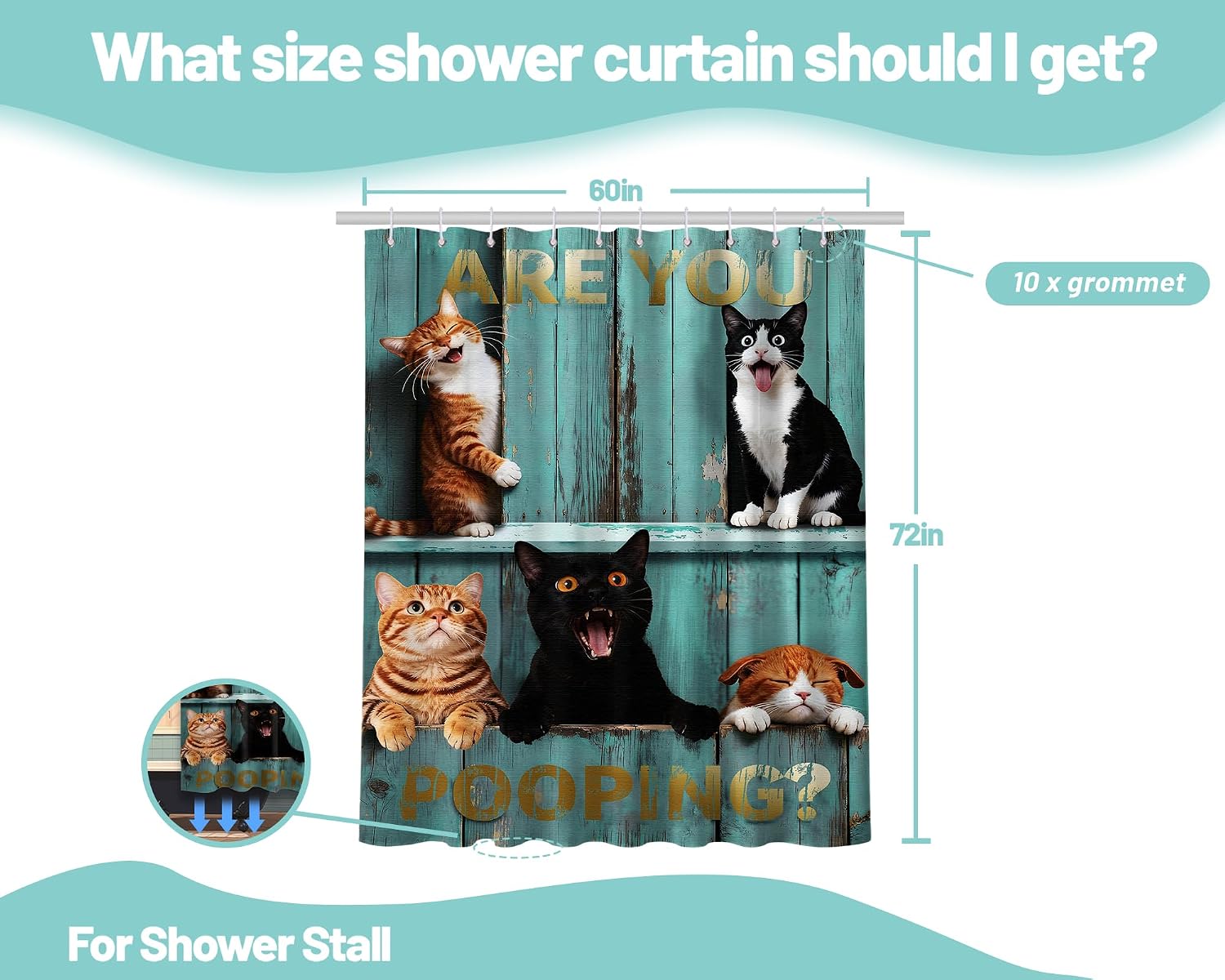 Funny Cat Shower Curtain Cute Black Cat Cool Teen Country Shower Curtains for Farmhouse Bathroom Decor Sets, Waterproof Cloth Fabric with Hooks, 60x72 Inch