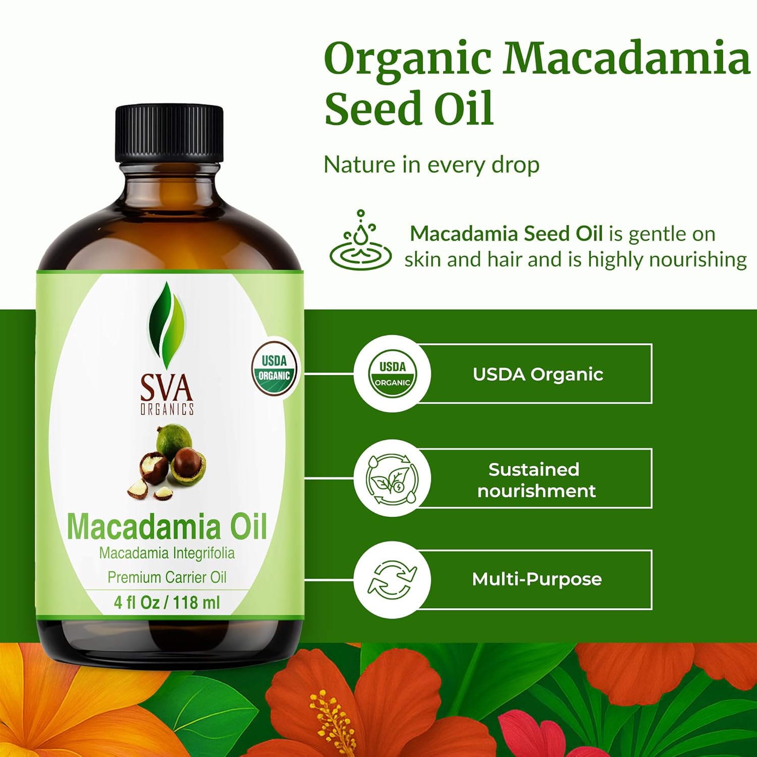 SVA Macadamia Seed Oil Organic - 4 Fl Oz – 100% Natural Cold Pressed Organic Macadamia Oil - for Face, Skin Care, Hair Care, Scalp Massage & Body Massage – Carrier Oil with Dropper - Image 2