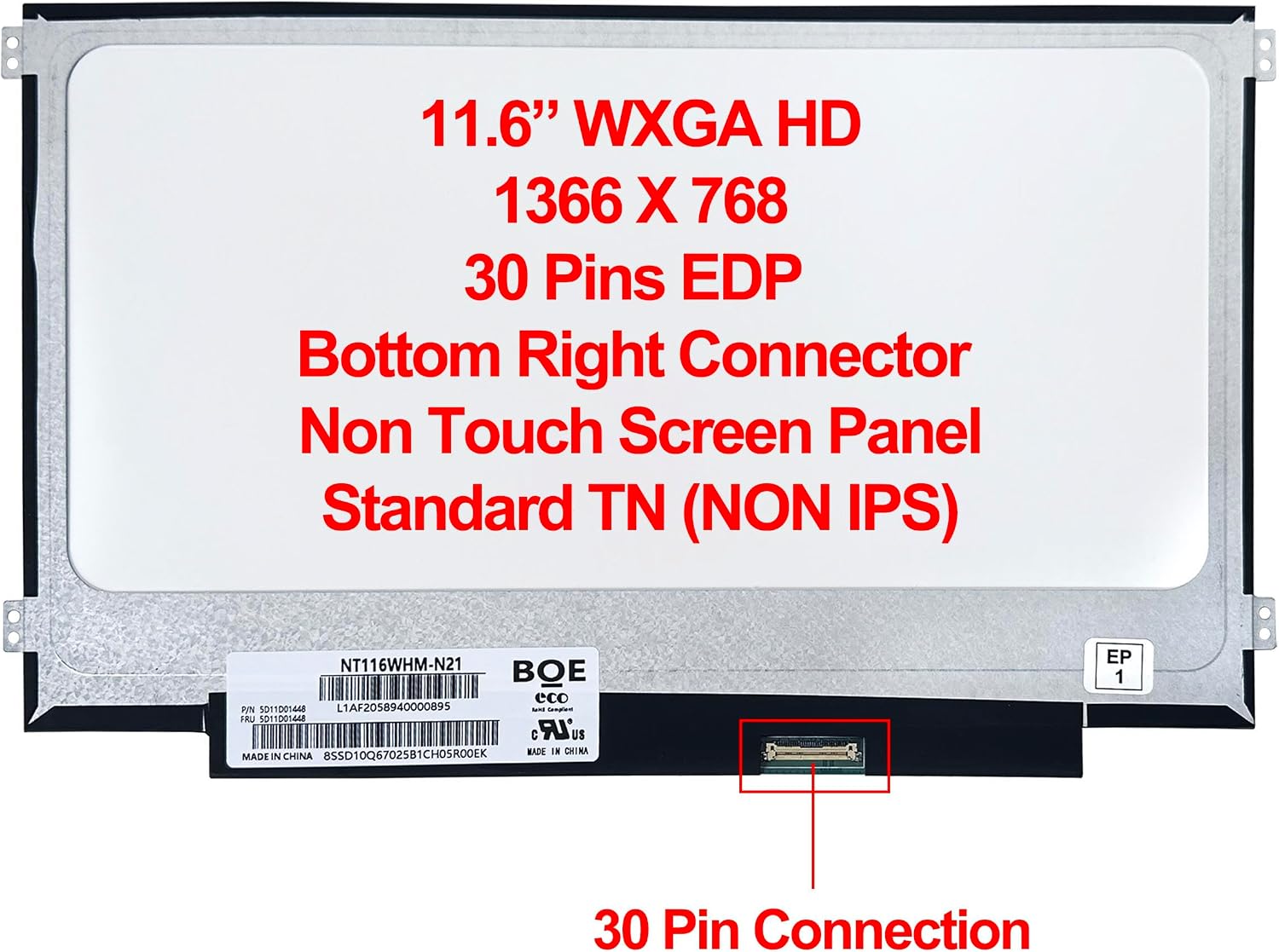 11.6" Laptop LCD LED Screen Display WXGA HD 30 Pin EDP Side Brackets Replacement for HP Chromebook 11 G3 G4 G4 EE G5 G6 G7 G9 EE 11A G8 EE Non Touch, ProBook 11 G2, Stream 11 Pro G3 Series