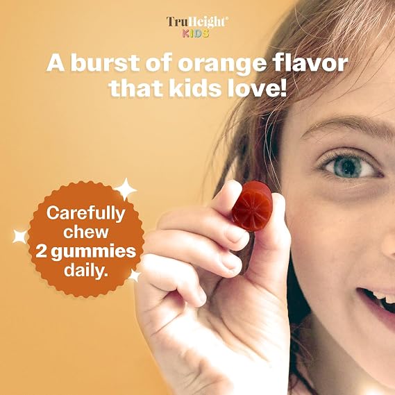 TruHeight Kids Brain Growth Gummies (Orange, Ages 2+) All Natural Kids & Teens Vitamins - Omega 3 Gummies Supports Brain Growth, Mental Clarity, Focus, Eye Health, Memory Supplements, DHA Multivitamin