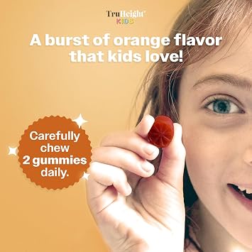 TruHeight Kids Brain Growth Gummies (Orange, Ages 2+) All Natural Kids & Teens Vitamins - Omega 3 Gummies Supports Brain Growth, Mental Clarity, Focus, Eye Health, Memory Supplements, DHA Multivitamin
