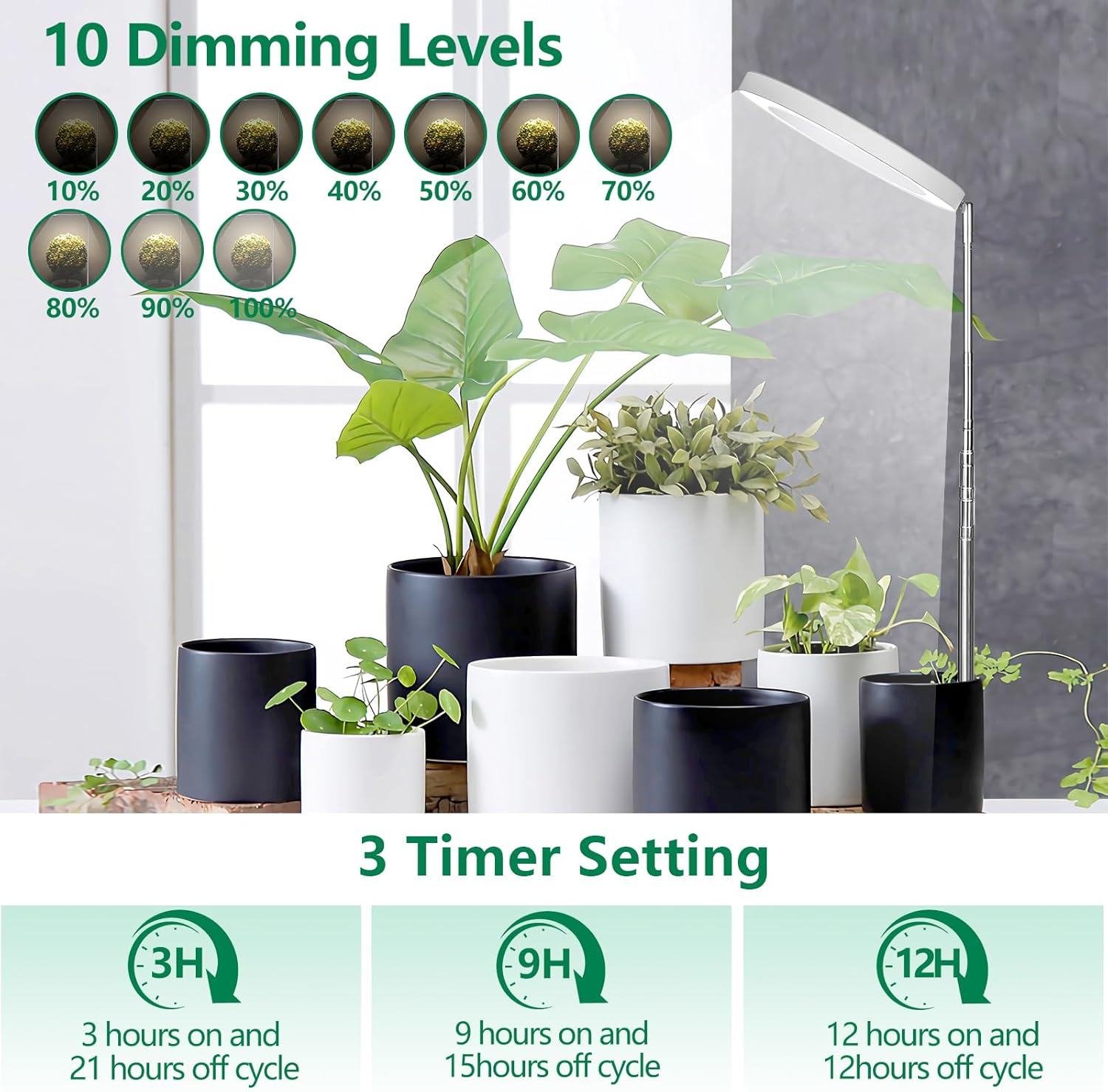 WaterRebirth 8 inch LED Grow Light for Indoor Plants, Full Spectrum Halo Plant Light with 3/9/12H Auto Timer, 10-Level Dimmable, Height Adjustable for Tall Plants