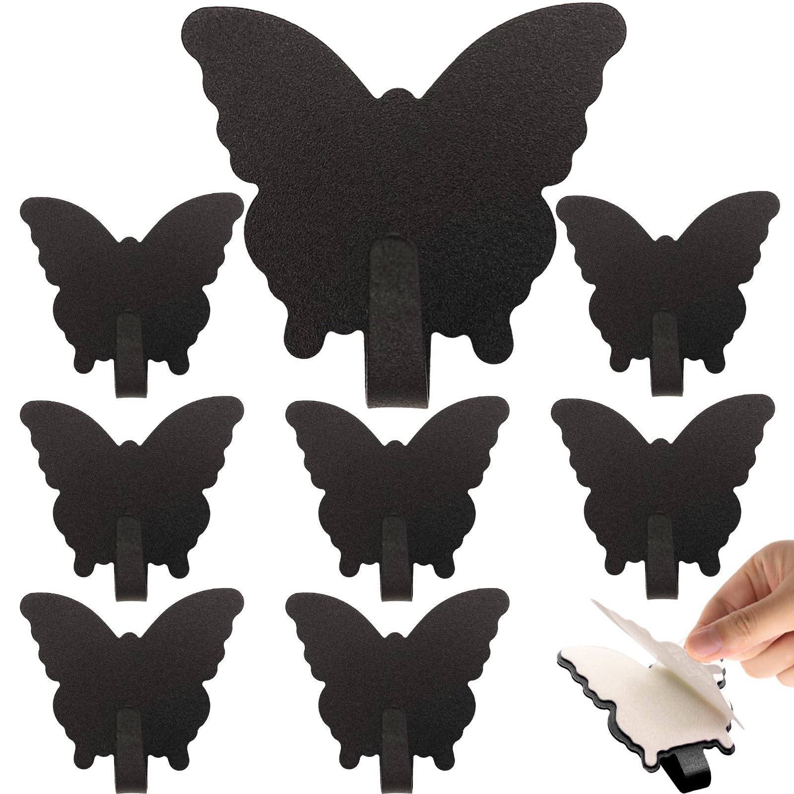 DueHoppee Butterfly Wall Hooks, 8-Pack Cute Stainless Steel Hangers, Black, for Kitchen, Office, Bathroom, Sturdy Adhesive Hook for Hanging Keys, Bags