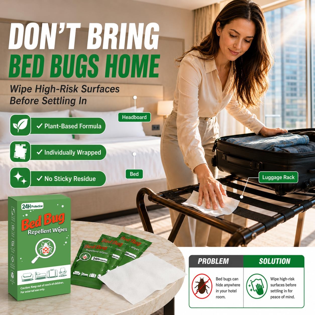 30 Pack Bed Bug Repellent Wipes, Individually Wrapped, Bed Bug Treatment for Home and Travel, Natural Geraniol and Cedarwood Formula for Fleas and Mites, Furniture, Mattresses and Sofas, Portable