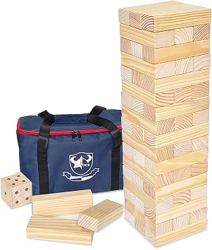 Jumbo Wooden Tumble Tower Game with Dice and with Carrying Bag, Classic Stacking Games 54 Pcs Building Blocks for Indoor/Outdoor up to over 150cm