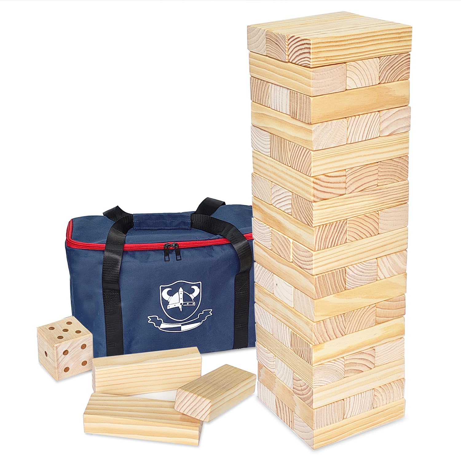 Juego de torre de madera jumbo con dados y bolsa de transporte, juegos clásicos de apilamiento, 54 bloques de construcción para interiores y exteriores (hasta más de 150 cm)