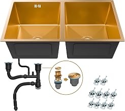 ANW HOME Kitchen Sink with 2 Bins 80 x 45 cm, PVD Gold | Under Plan, Without Drainer, Nano Coating, Thickness 3.0+1mm, With Siphon