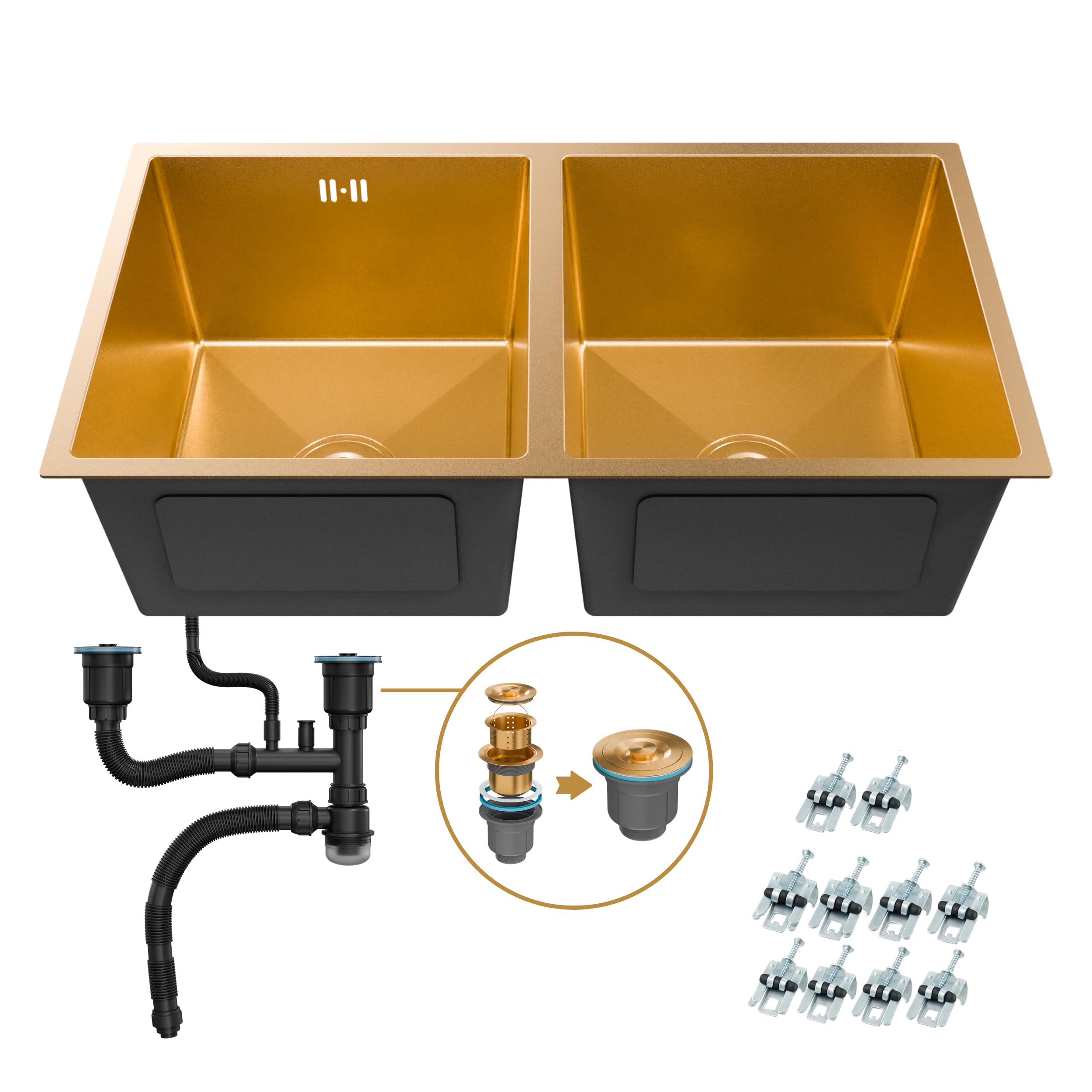 ANW HOME Lavello Cucina 2 Vasche 80x45 cm, Oro PVD | Sottotop, Rivestimento Nano, Spessore 3.0+1 mm, Con Sifone