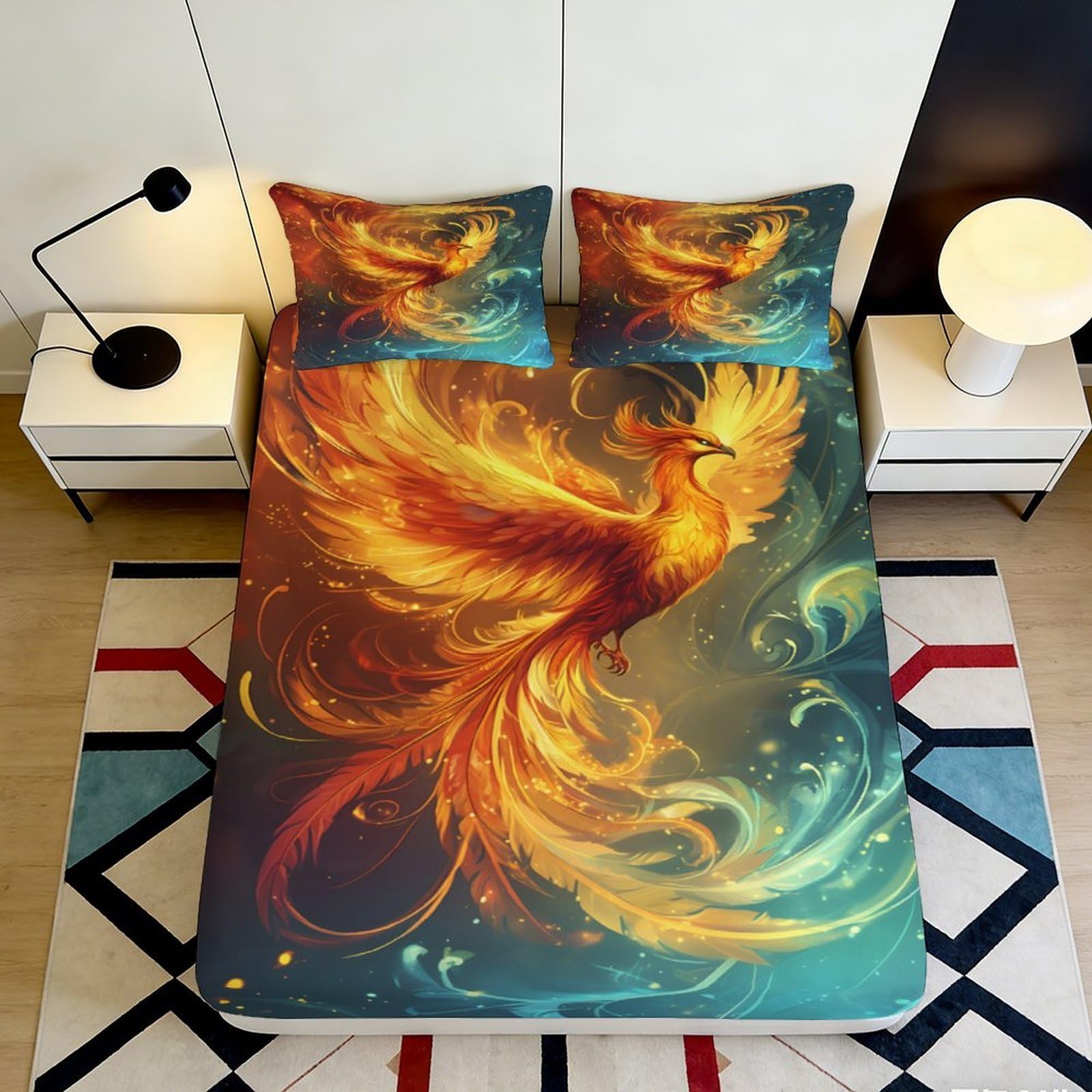 3D Printed Phoenix Fire Fitted Sheet Microfiber Soft Bed Sheet Artistic Flame Mattress Cover Bedroom Decor 90x200x25cm