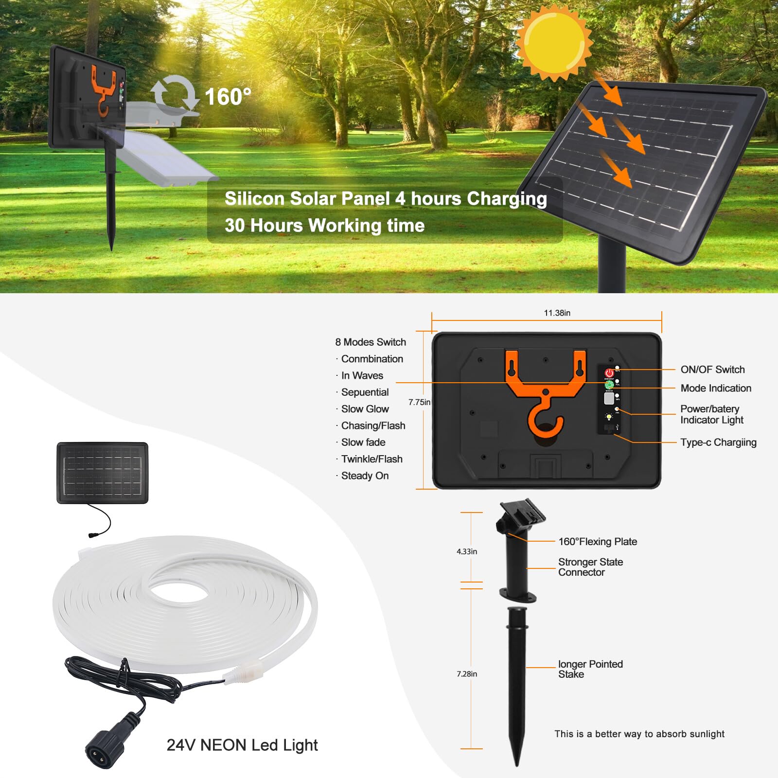 XUNATA Lumière au néon LED Solaire, 2835 120LEDs/m Etanche IP65, Alimentation USB/solaire LED bande Néon lumière, 8 modes, Flexible Bande lumière pour Clôture, Jardin & Cour (Blanc chaud, 10M)