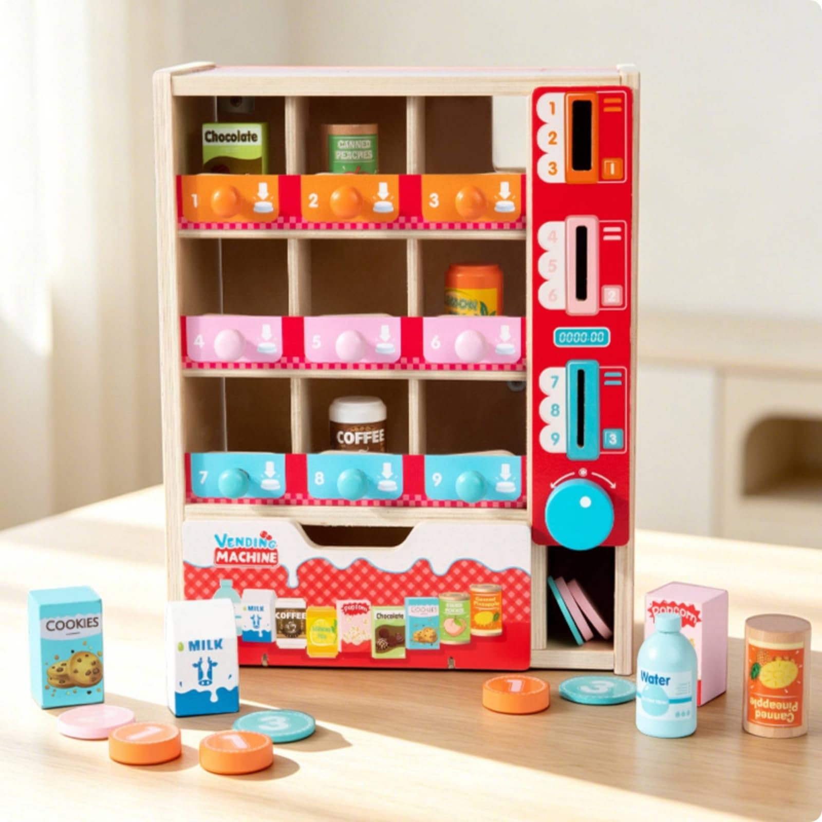 Kinder Verkaufsautomat Holz Spielautomat Snackspender Spielzeugautomat Inklusive Spielmarken Behälter Flasche Becher Schublade für Frontfächer für Rollenspiele Lernspiele Kinderzimmer