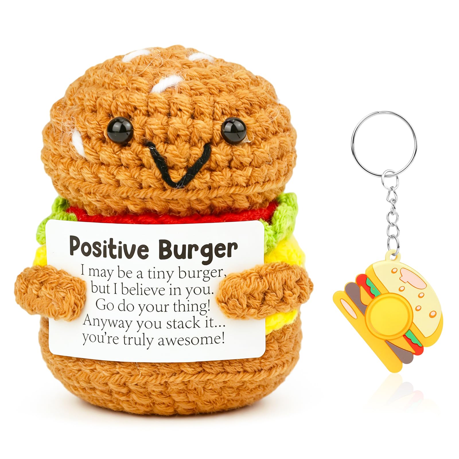 Vspek Positive Crochet Hamburger Doll, Burger Keyring, Emotion Support Gifts, Funny Gag Cheer Up Gifts for Women, Men, Family, Friend, Coworker, Home Office Decor