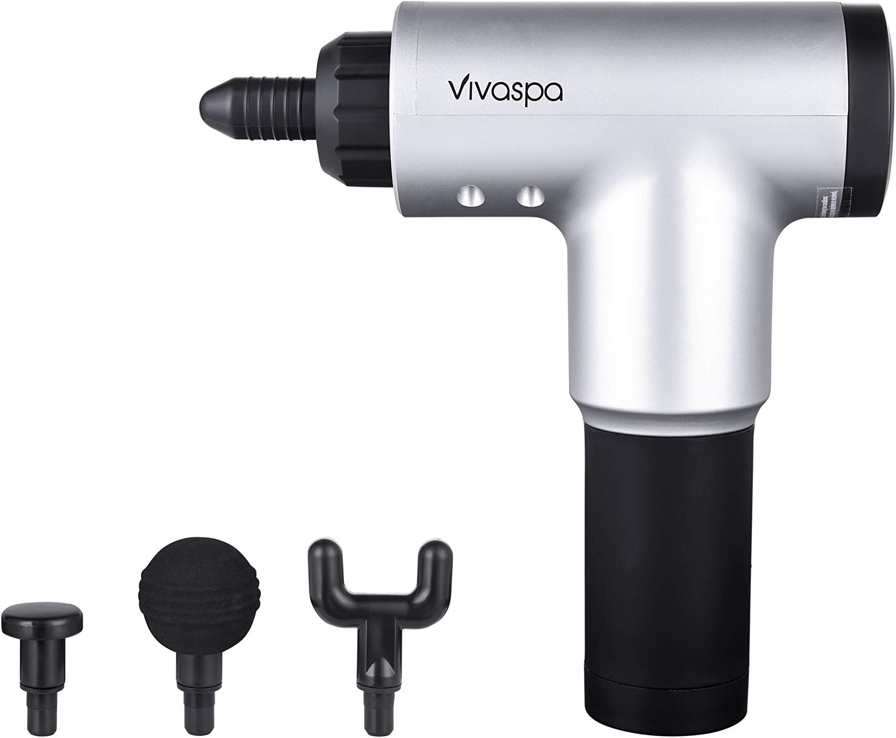 Vivaspa Handheld Cordless and Rechargeable Massage Gun with LCD Display for Athletes with 4 Interchangeable Heads and 6 Speed Modes, Silver