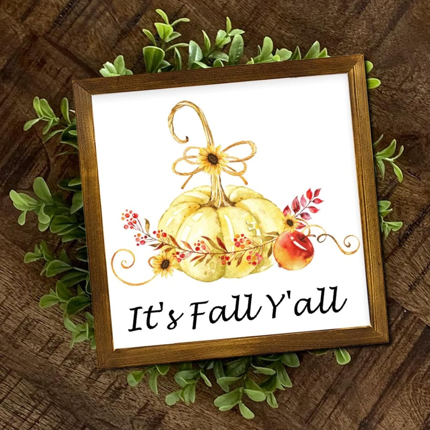 It's Fall Y'all Pumpkin Wreath Framed Wooden Signs Maple Leaves Wood Hanging Sign Classic Harvest Thanksgiving Wall Decor Hanging Plaque Sign for Grandpa Papa Dad Boyfriend Teacher 12x12 inch