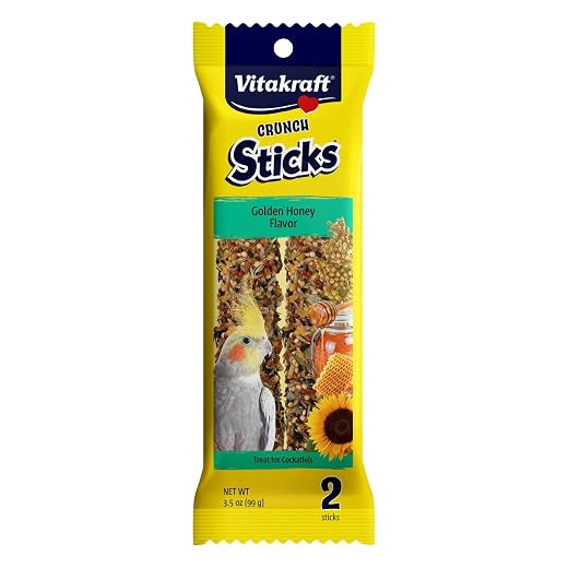 Vitakraft Crunch Sticks Cockatiel Treats Golden Honey Flavor – Triple-Baked Snack with Vitamins A D3 E Riboflavin and B12 – Natural Wood Chew Center and Cage Clip Holder – Engaging 2 Stick Pack