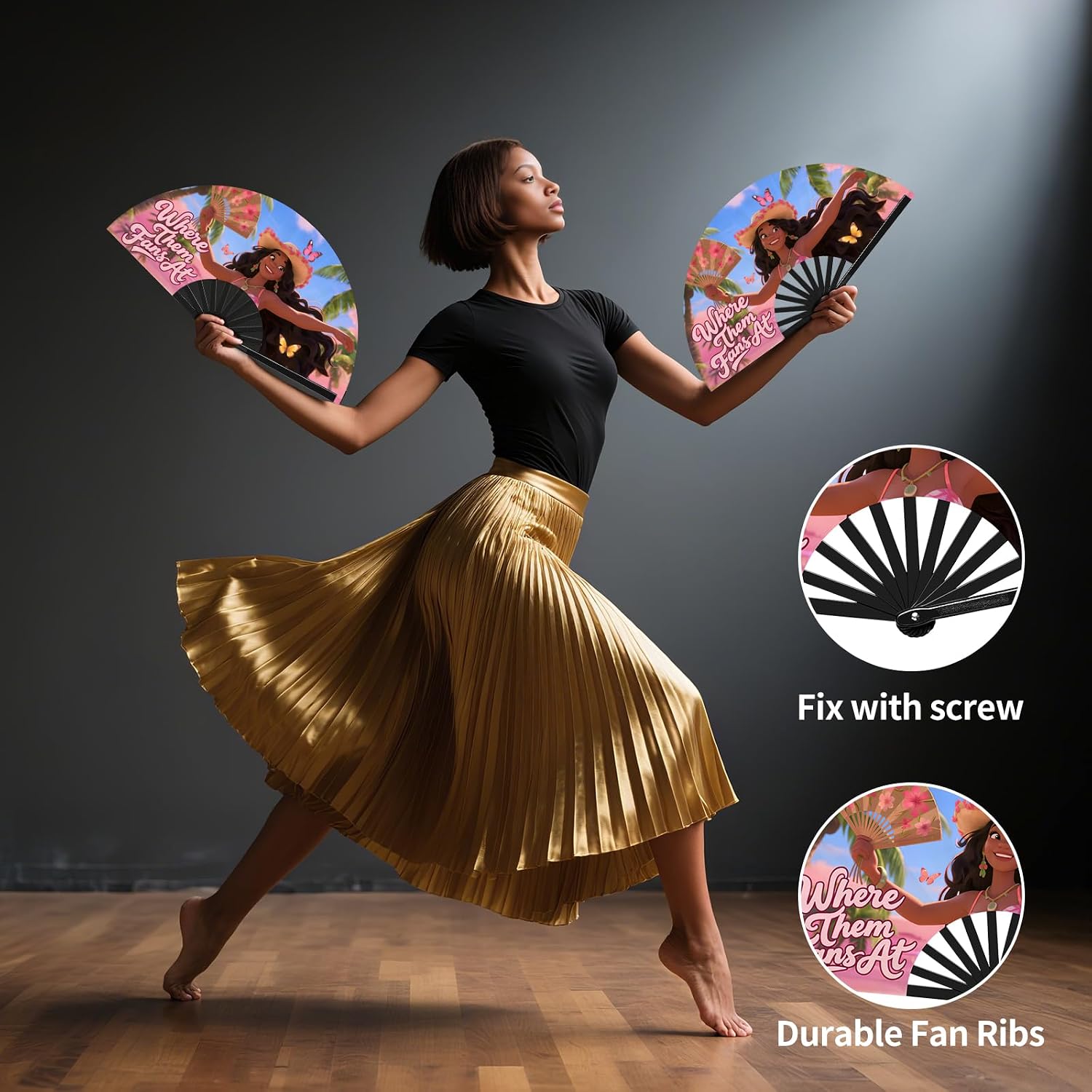 13" Line Dance Popping Fan for Dance, Where Them Fans at Clack, Folding,Boots On The Ground Hand Large Festival Folding Fan for Women, Party, Decoration (A)