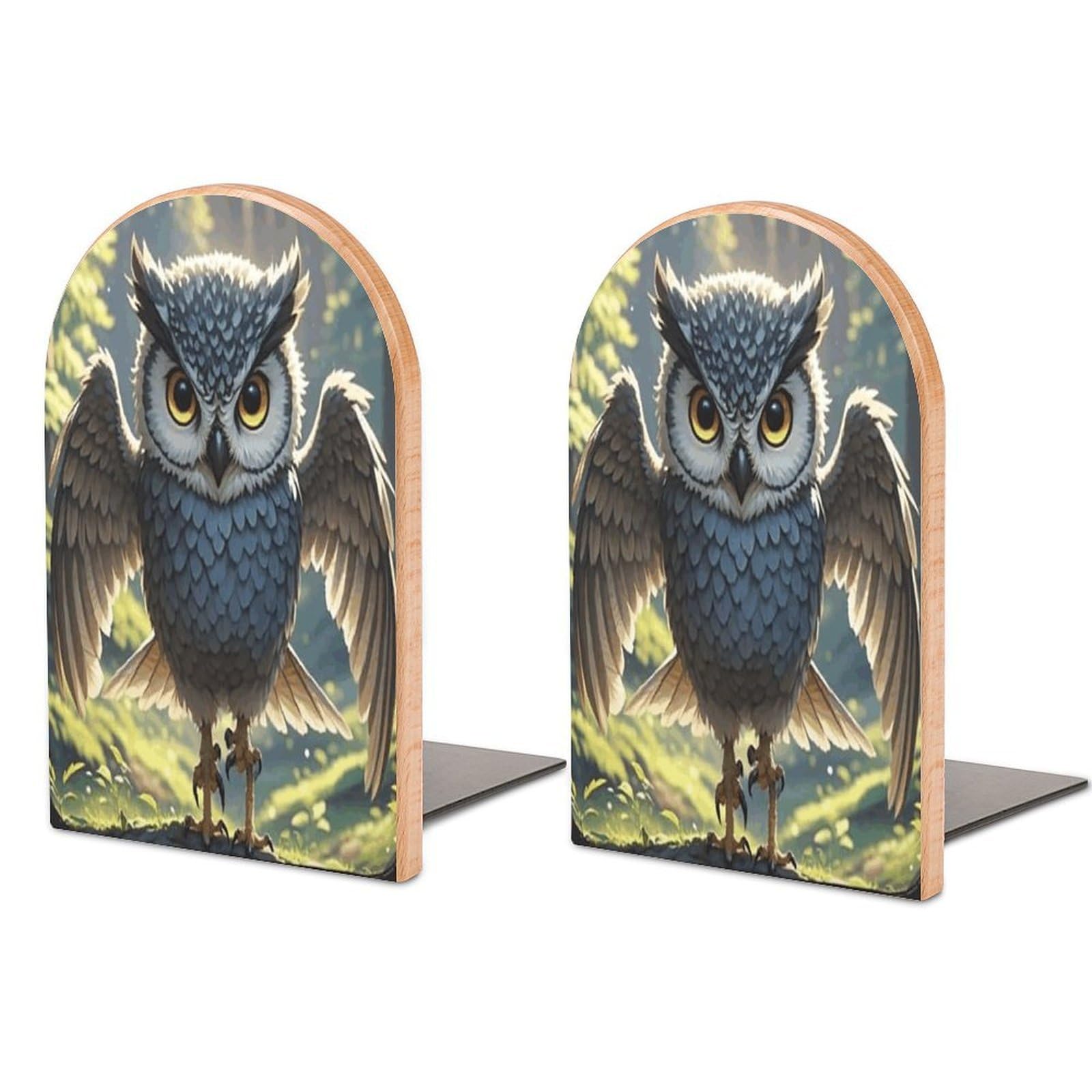 Anime Owl Bookend for Shelves Non-Skid Book Holder Modern Heavy Duty Bookend Stopper Metal Base Wood Book End Books Shelf Holder Home Decorative 1pair 5x3.9x3.1