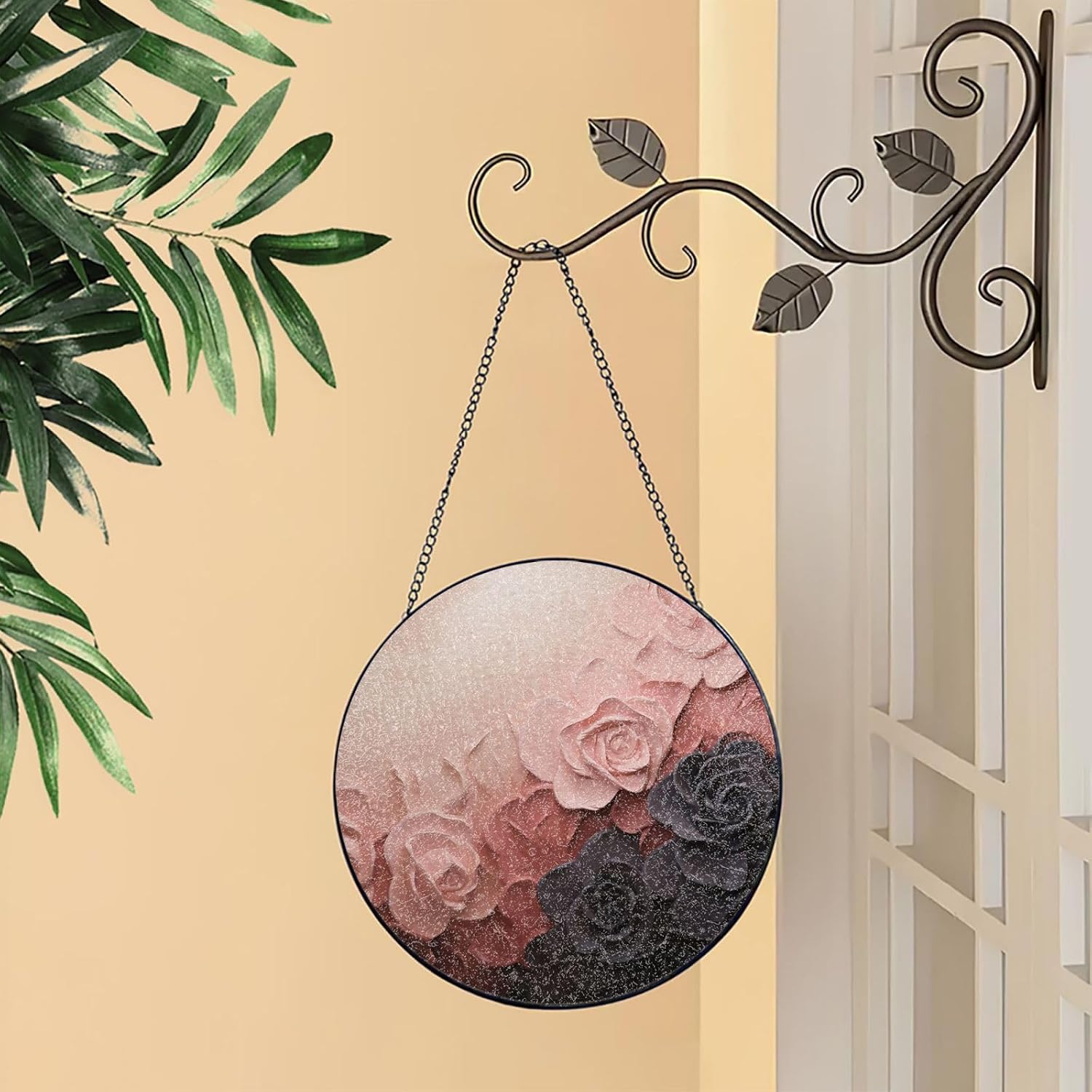 Stained Glass Window Hanging 6in（15cm）, Rose Color Blush and Black Glass Suncatcher for Home Decor, Indoor Wall Art Glass Panel with Metal Chain and Hooks, Sun Catcher Ornament Birthday Gifts