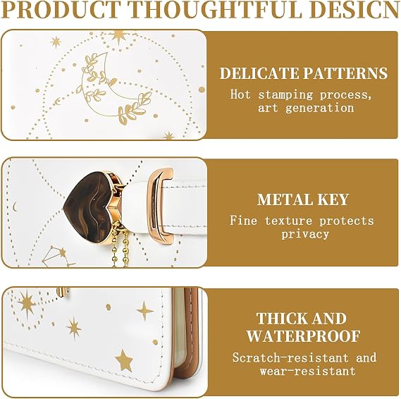 A5 Notebook Heart Padlock, 192 Pages Heart Lockable Journal notebook A5 Refillable Notebook with Lock Starry Leather Journal with Lock with Pen for Boys Girls Office School and Travel (White)