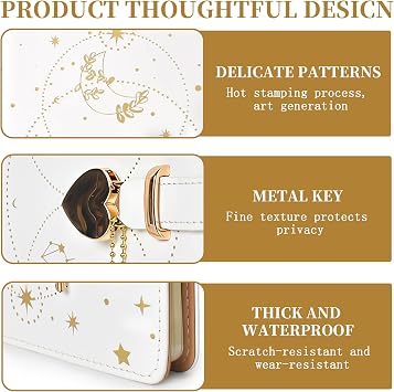 A5 Notebook Heart Padlock, 192 Pages Heart Lockable Journal notebook A5 Refillable Notebook with Lock Starry Leather Journal with Lock with Pen for Boys Girls Office School and Travel (White)