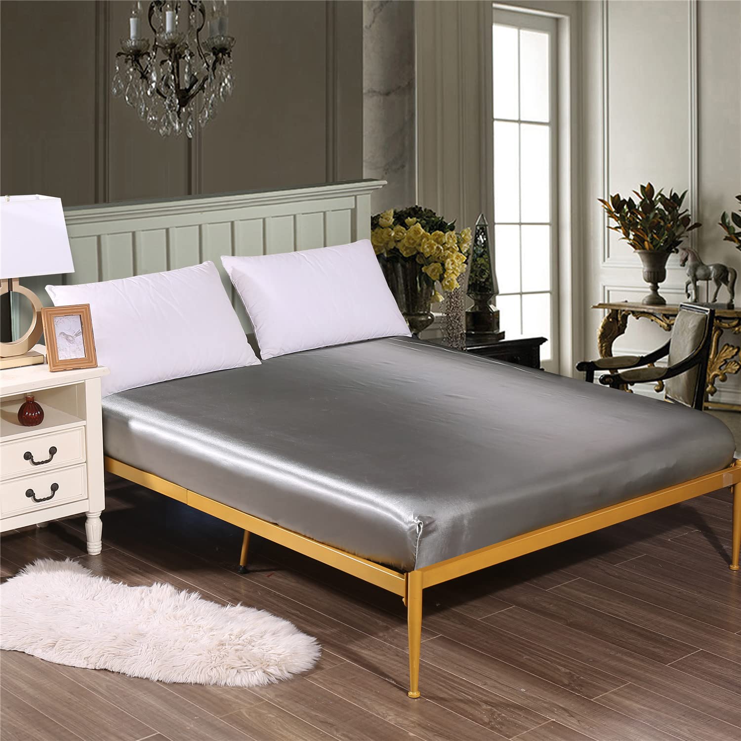 Seda Satinada Sábana Bajera Ajustable y Antiarrugas con Elástica Bolsillo Profundo 30cm, Funda de Colchón Sábana Suave para Cama Niños Jóvenes Adulto (Gris,90x190x30cm)