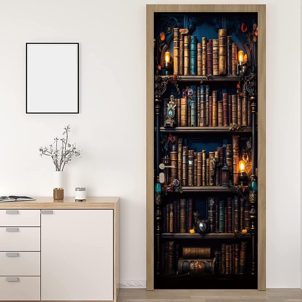 Door Sticker Wallpaper Murals Peel and Stick, Wall Sticker Decal for Bedroom Home Decor Waterproof, Removable Premium Vinyl Upgrade, Retro Bookshelf Bookcase and Books