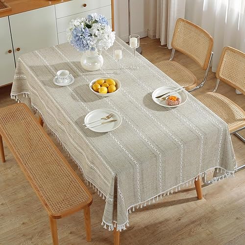 Miniatura 9 de meioro Manteles con borlas y costuras, mantel de lino de algodón a rayas, mantel de tela texturizada, fundas resistentes a las arrugas para cocina y