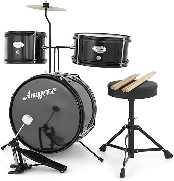 3 Piece Kids Drum Set with Cymbal, 2 Drumsticks, Pedal, 2 Tom,Beginner Junior Drum Kit with Throne Stool, Musical Instruments for Boys and Girls, Black